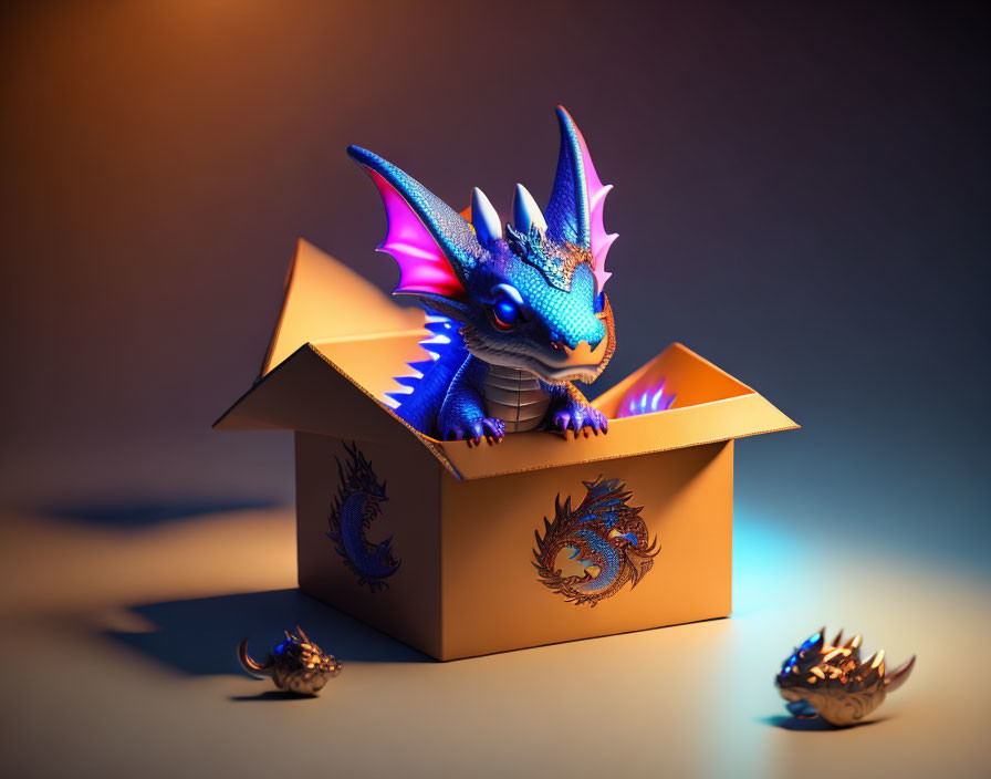 Colorful 3D illustration: Blue dragon in box with purple wings, dragon eggs, warm background