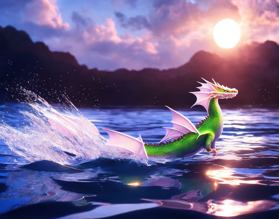 Green Dragon with Pink Wings Emerges from Ocean at Sunset