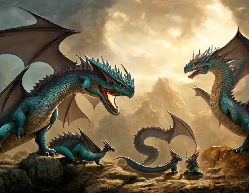 Three dragons on rocky landscape with foggy mountains and cloudy sky