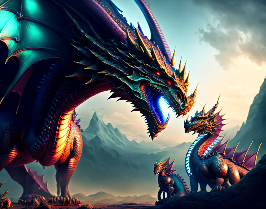 Majestic dragon family in mountainous twilight scene