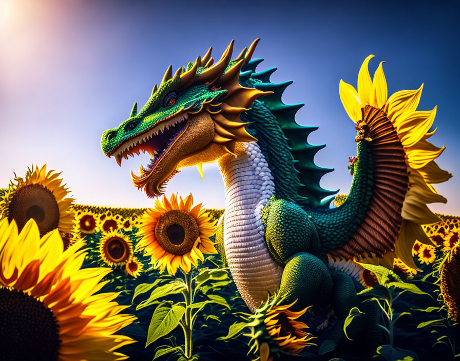 Colorful digital artwork: Green and yellow dragon in sunflower field