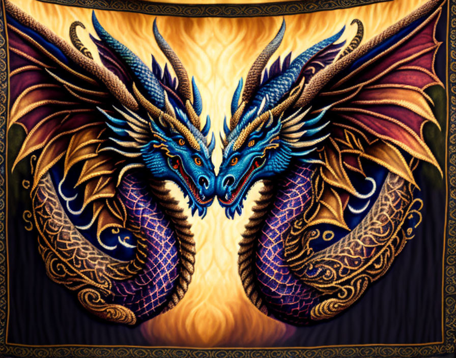 Symmetrical blue dragon tapestry with golden accents on fiery orange background