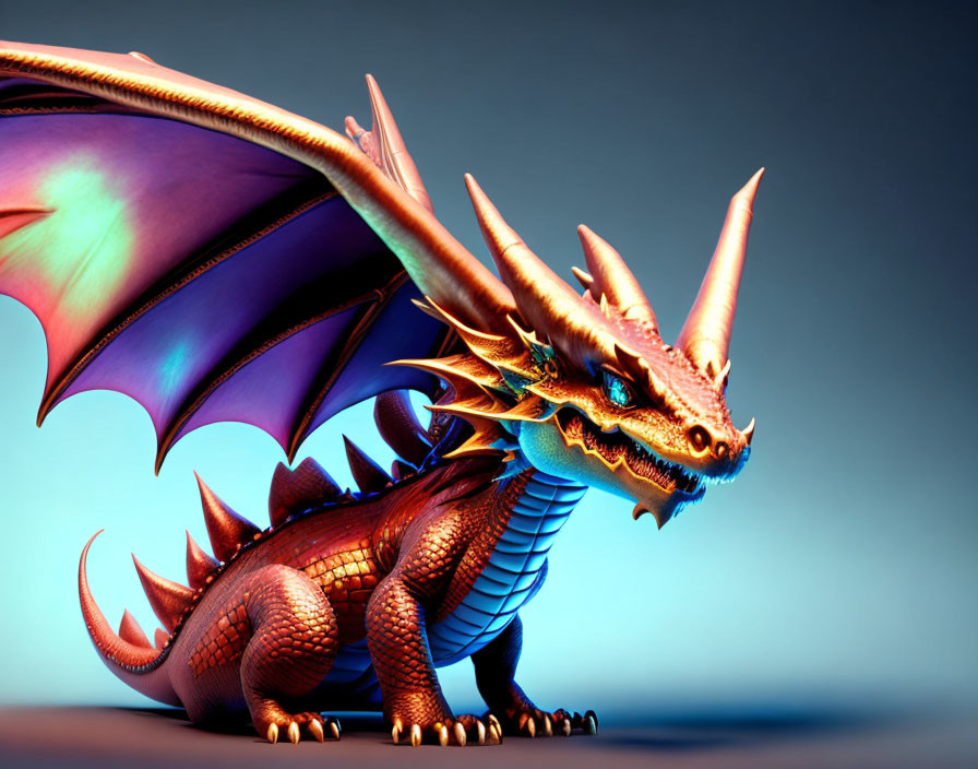 Vibrant digital illustration of majestic dragon with extended wings and sharp horns