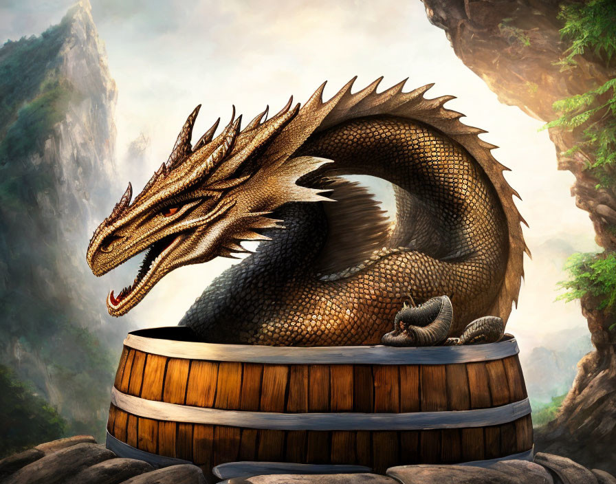 Majestic dragon on wooden barrel in mountainous landscape