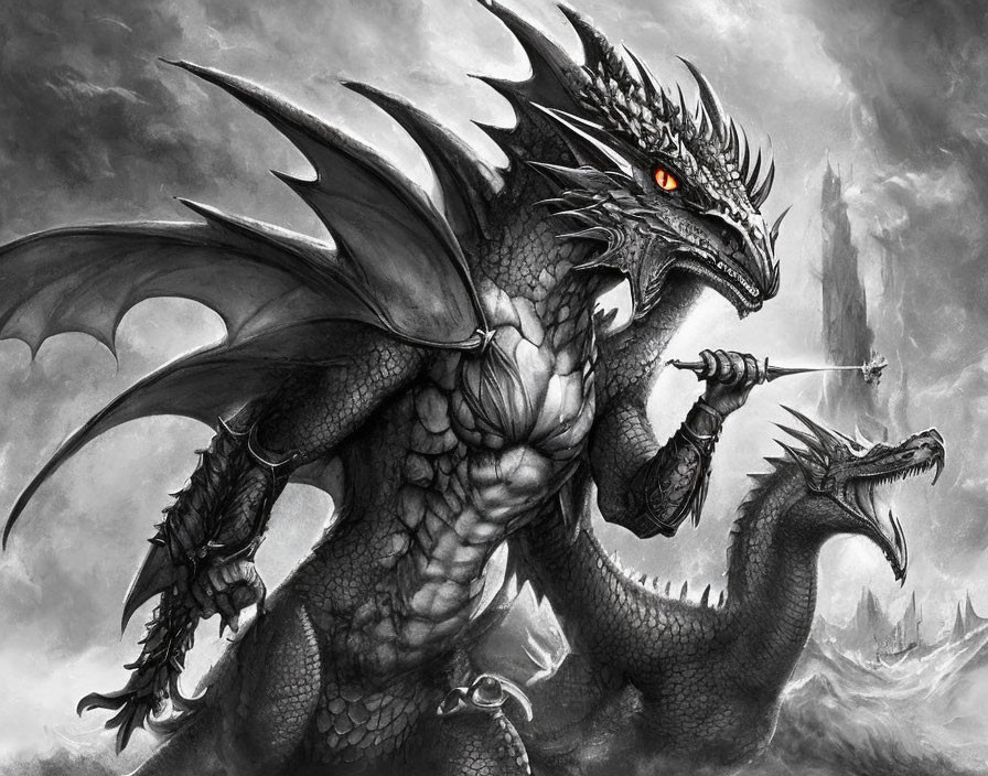 Detailed monochrome dragon illustration with expansive wings and glowing eyes.