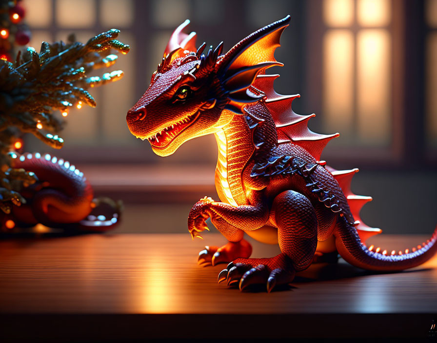 Detailed Red Dragon Model Beside Lighted Window and Christmas Tree