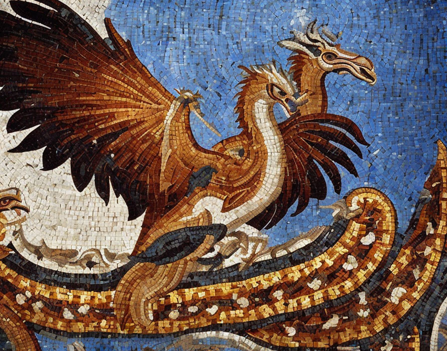 Mythical Phoenix Mosaic in Orange and Brown on Blue Background