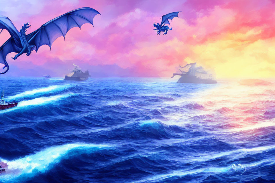 Fantastical seascape with dragons, sailing ships, and dramatic sky