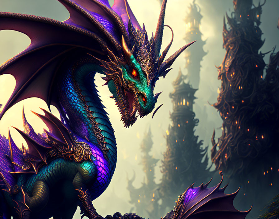 Purple Dragon with Green Eyes Before Fantasy Castle in Misty Setting