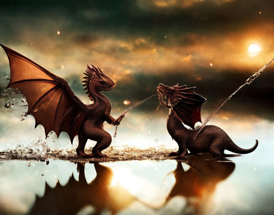 Dragons with staves in sunset reflection on water