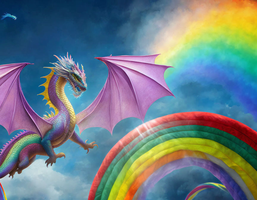 Colorful dragon perched on rainbow with flying companion