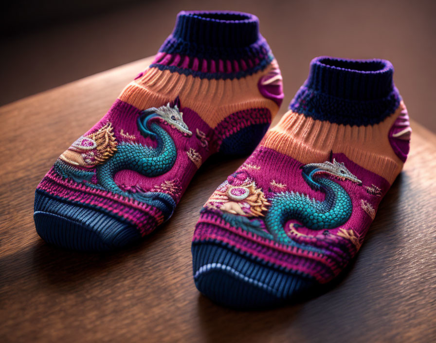 Colorful Sea Dragon Design Ankle-Length Socks in Pink, Purple, and Navy