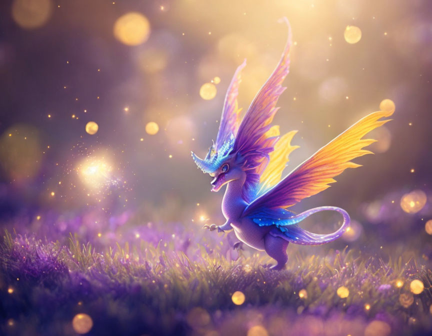 Colorful mythical dragon in magical meadow with vibrant wings