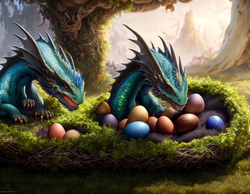 Blue Dragons and Colorful Eggs in Mystical Forest Setting