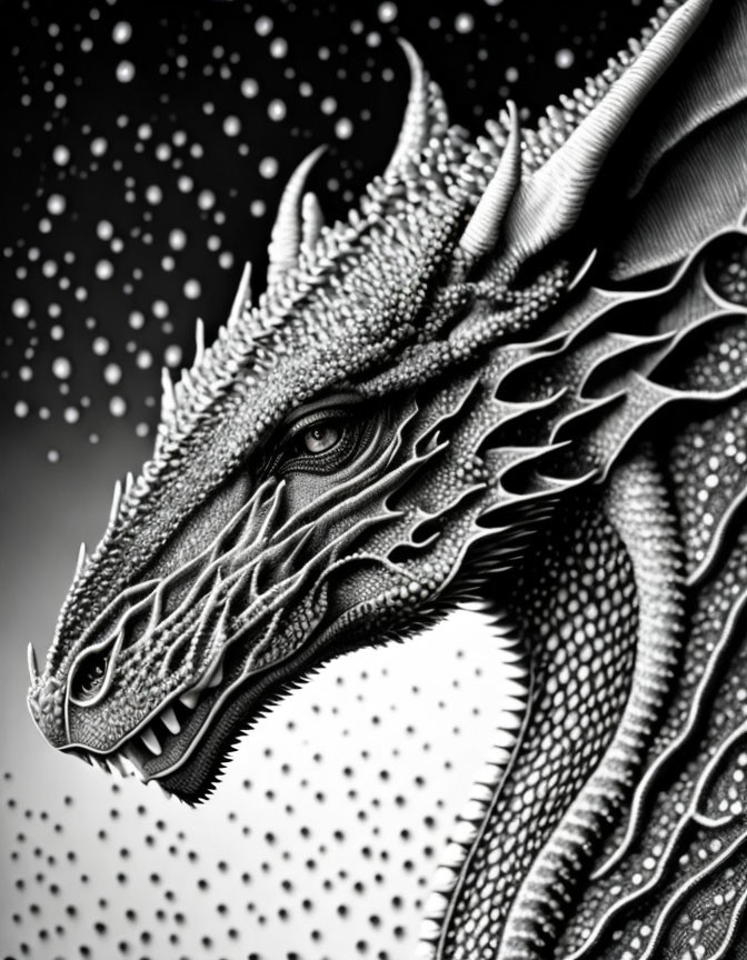 Detailed Monochromatic Dragon Head Illustration with Scales and Horns