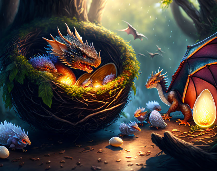 Colorful Dragon Hatchlings and Eggs in Enchanted Forest