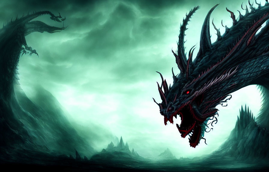 Black dragon with red eyes in dark, moody landscape