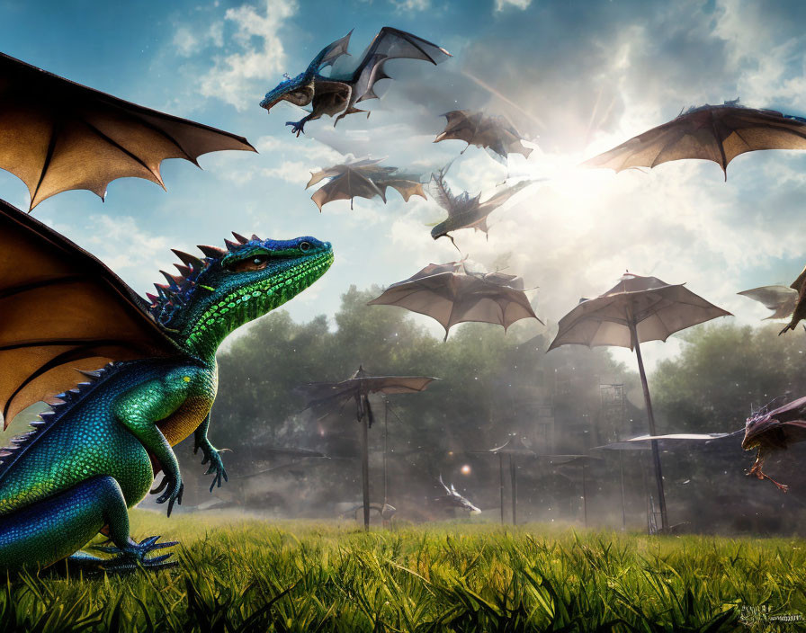 Colorful Dragons in Sunny Sky Over Green Field