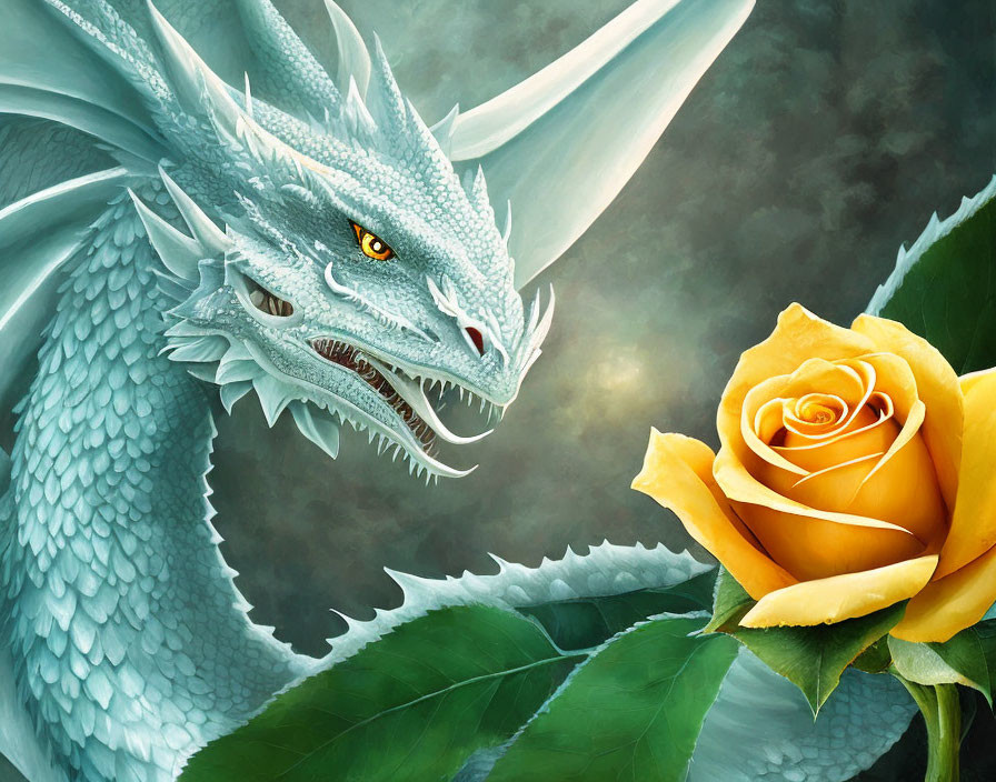 Detailed Illustration: Blue Dragon with Orange Eyes & Yellow Rose with Green Leaves