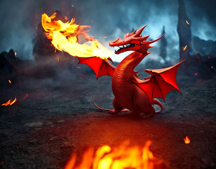 Red Dragon Breathing Fire in Dark Forest