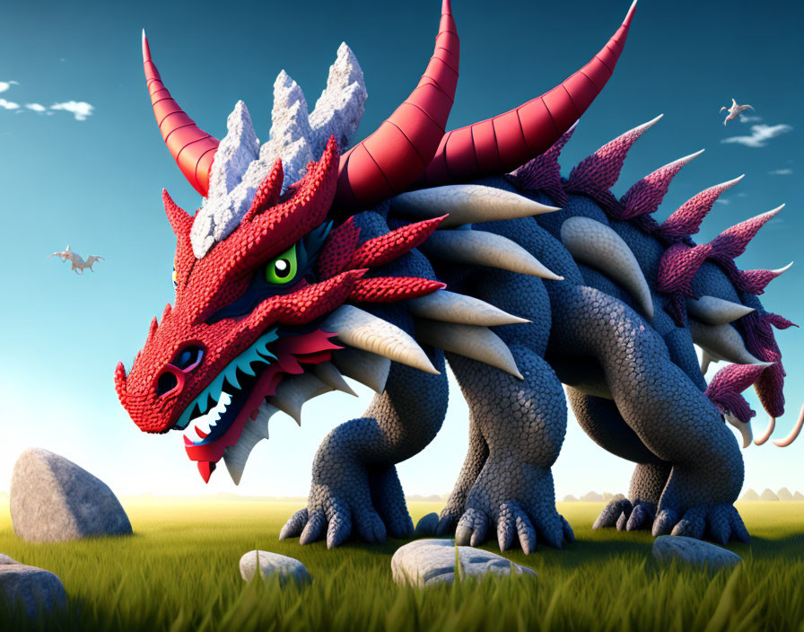 Colorful 3D-rendered dragon in sunny field with birds in background