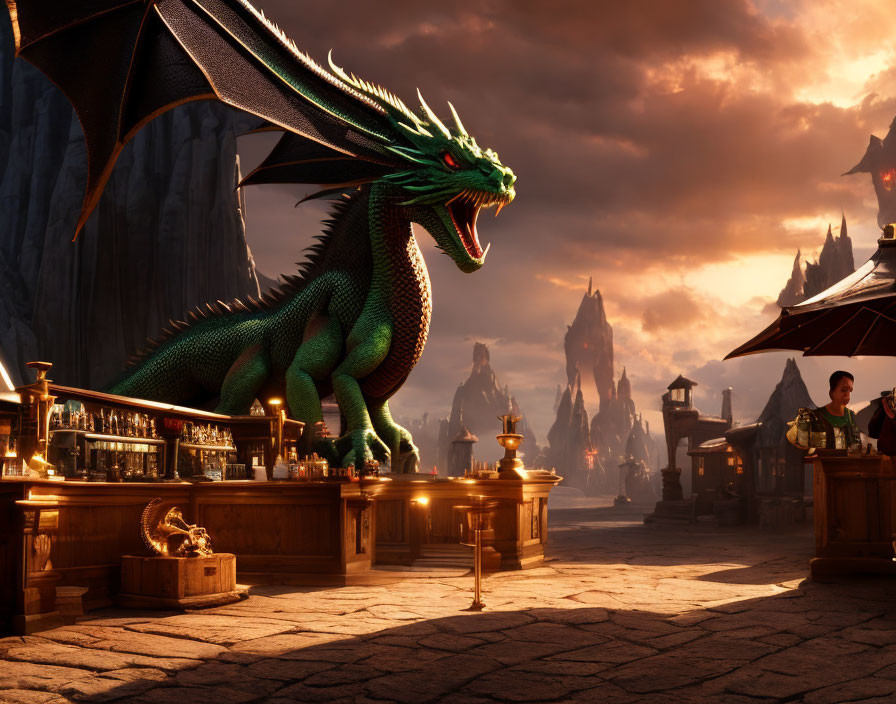 Green Dragon in Mystical Medieval Setting with Mountains and Spire at Dusk