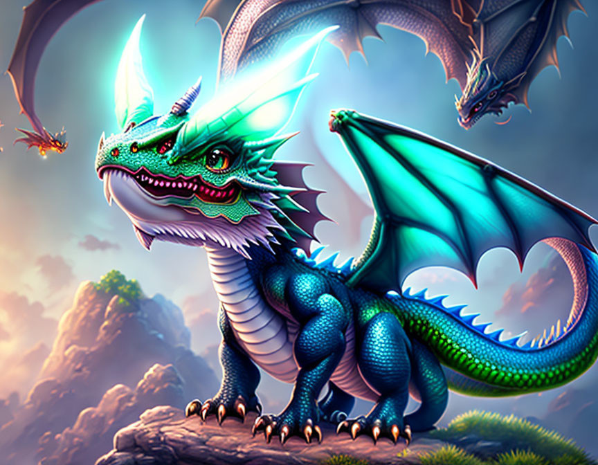 Majestic blue dragon illustration with expansive wings and rocky ledge.