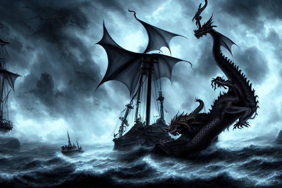 Menacing black dragon in stormy seascape with sailing ships