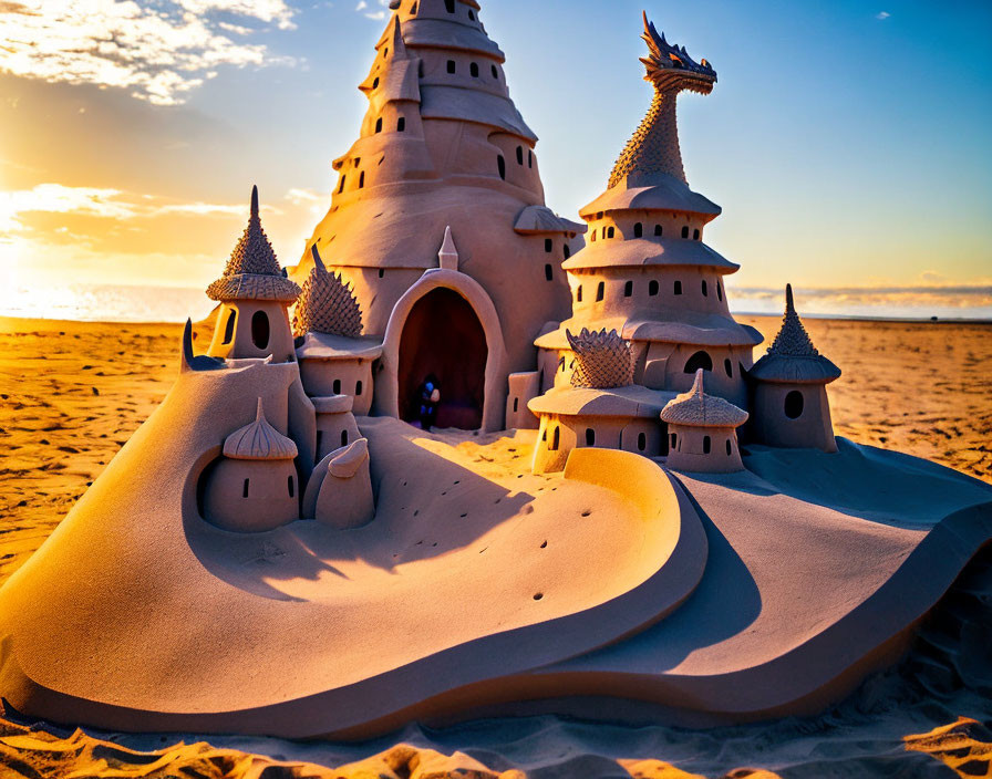 Elaborate Sandcastle with Towers and Dragon Sculpture at Sunset Beach