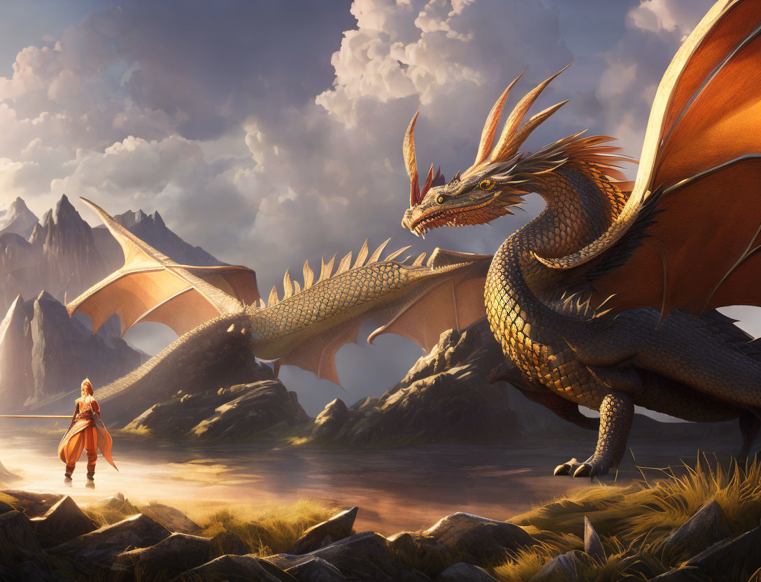 Orange dragon observing cloaked figure on beach with mountainous backdrop