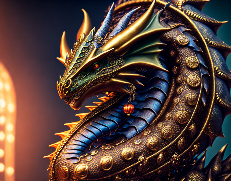 Golden dragon with emerald eyes and ornate horns and scales.