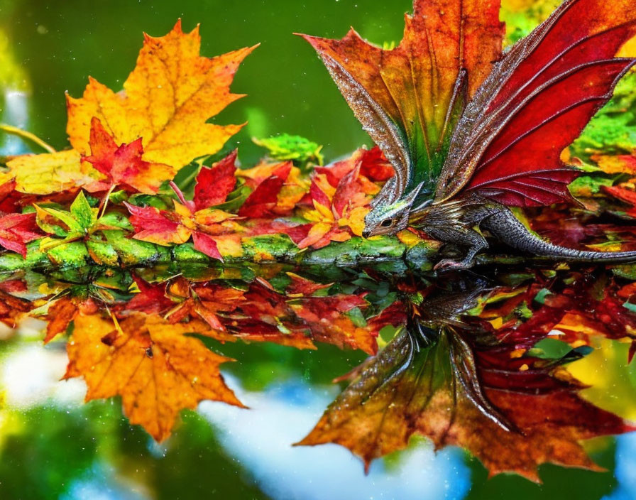 Colorful lizard with wing-like extensions on branch surrounded by autumn leaves reflected in water.