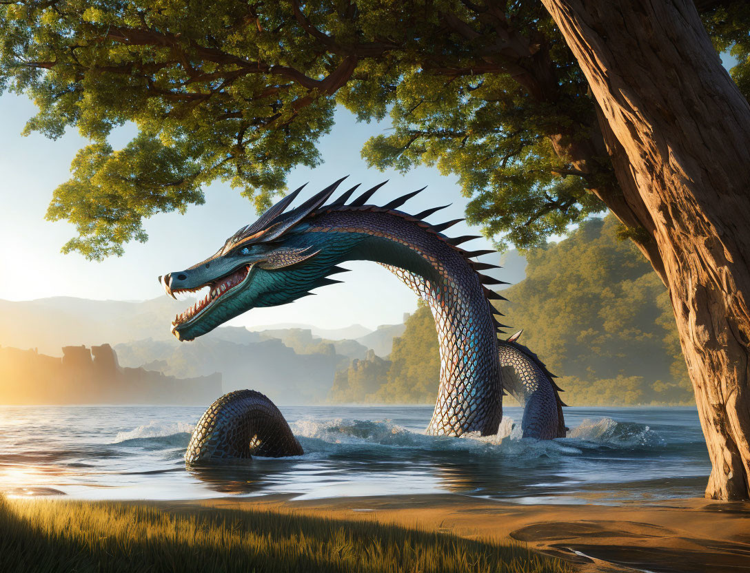 Blue dragon emerges from serene lake amidst lush greenery