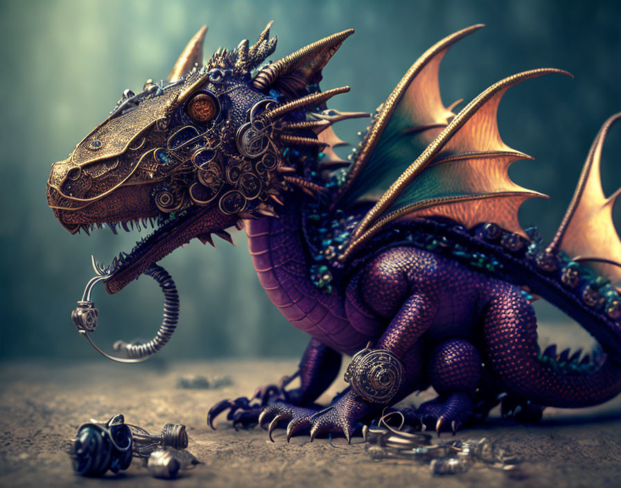 Steampunk Mechanical Dragon with Metallic Scales and Ornate Gears