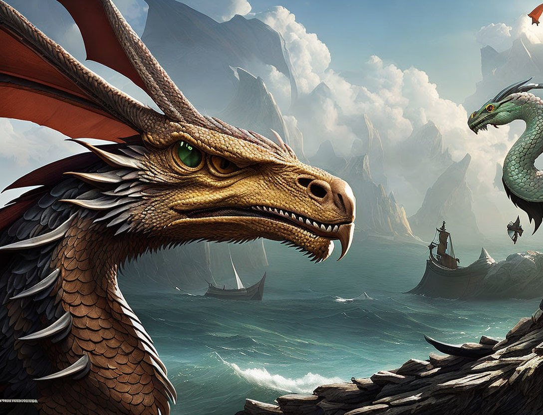 Detailed artwork: Two dragons by rocky coast with ships on choppy sea under cloudy sky