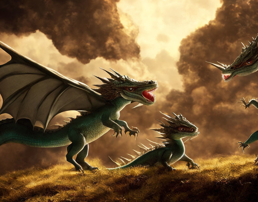 Three dragons in dramatic landscape with golden clouds: one flying with outstretched wings, two observing