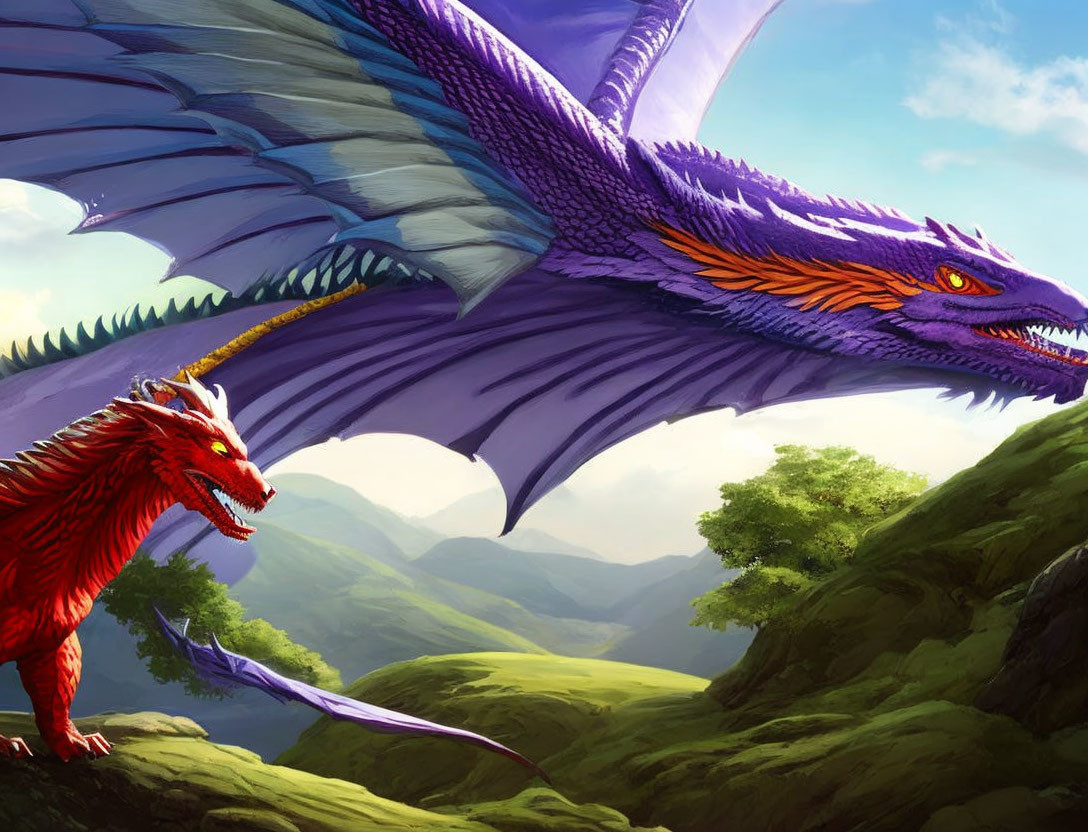 Purple and Red Dragons Flying Over Green Landscape with Mountains and Blue Sky