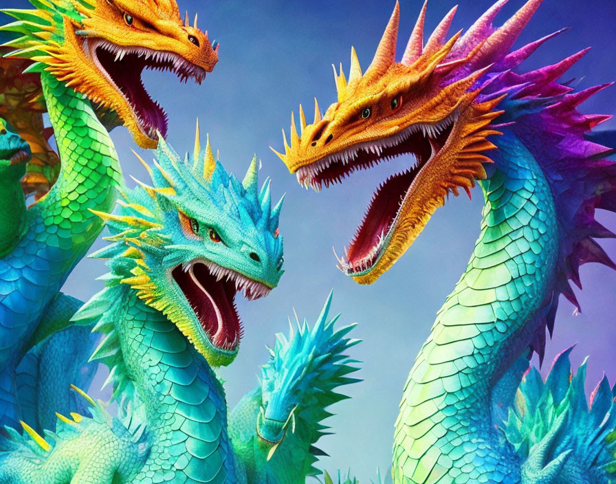 Three colorful dragons with textured scales and open mouths against dramatic sky.