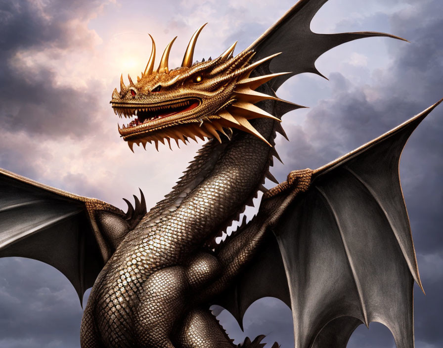 Golden Dragon with Large Wings and Sharp Horns Against Dramatic Cloudy Sky