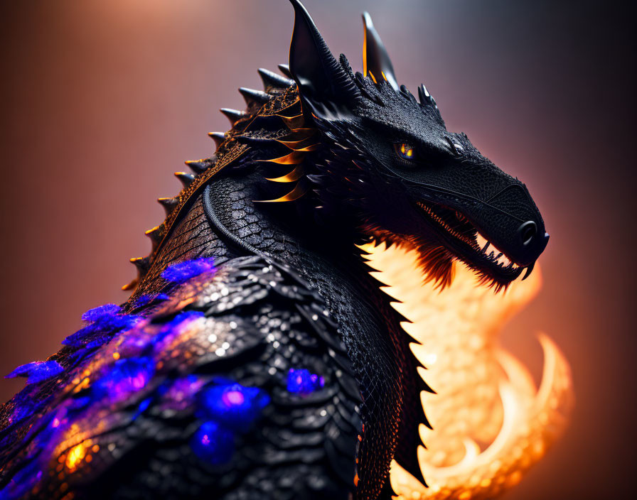 Detailed Black Dragon with Glowing Blue Eyes on Fiery Background