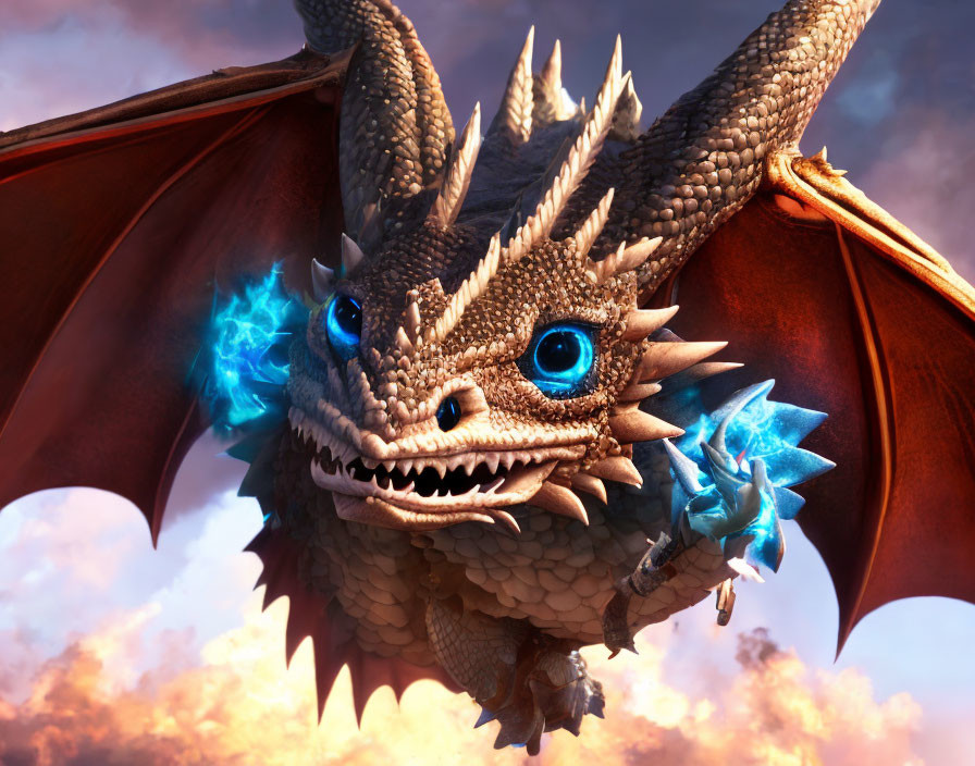 CGI dragon with blue eyes and glowing scales against dramatic sky