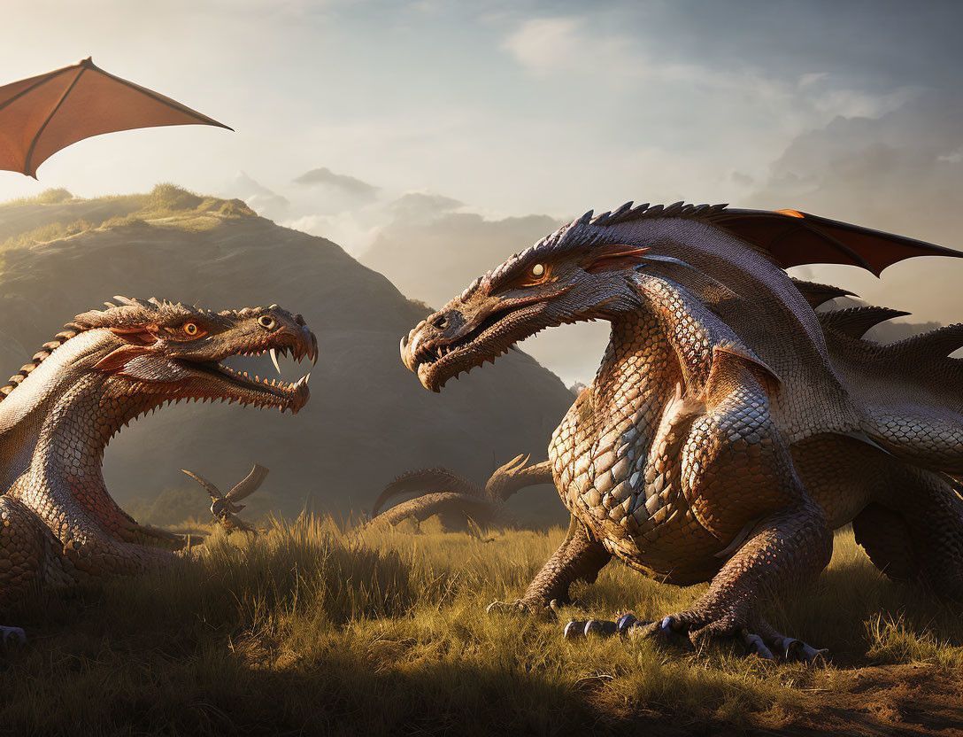 Majestic dragons facing each other in rolling hills under warm sky