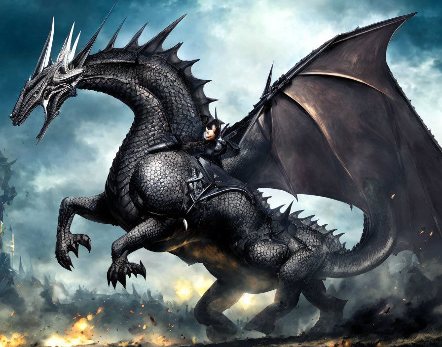 Black dragon with knight riding amidst fiery battlefield