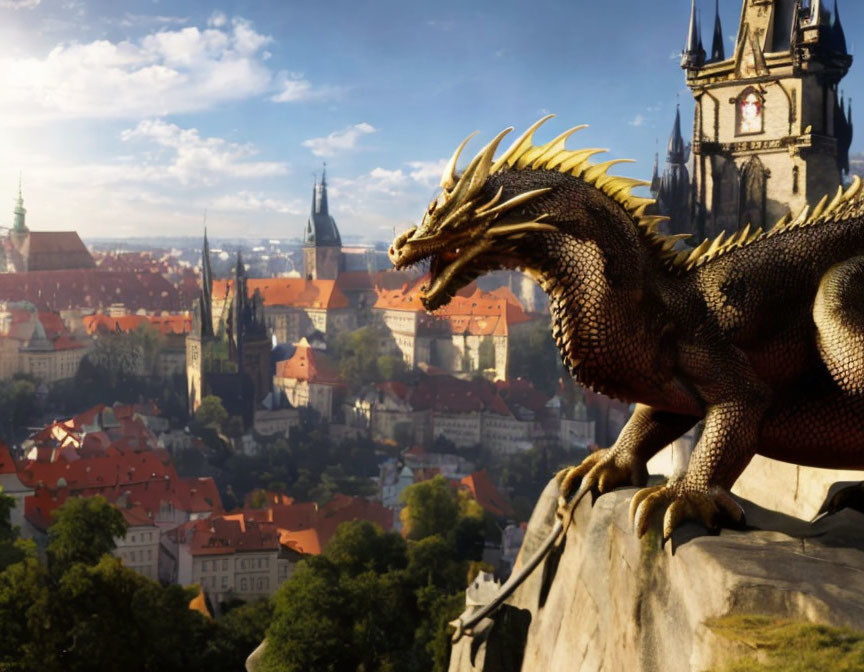 CGI dragon overlooking historic city with church and sunny sky