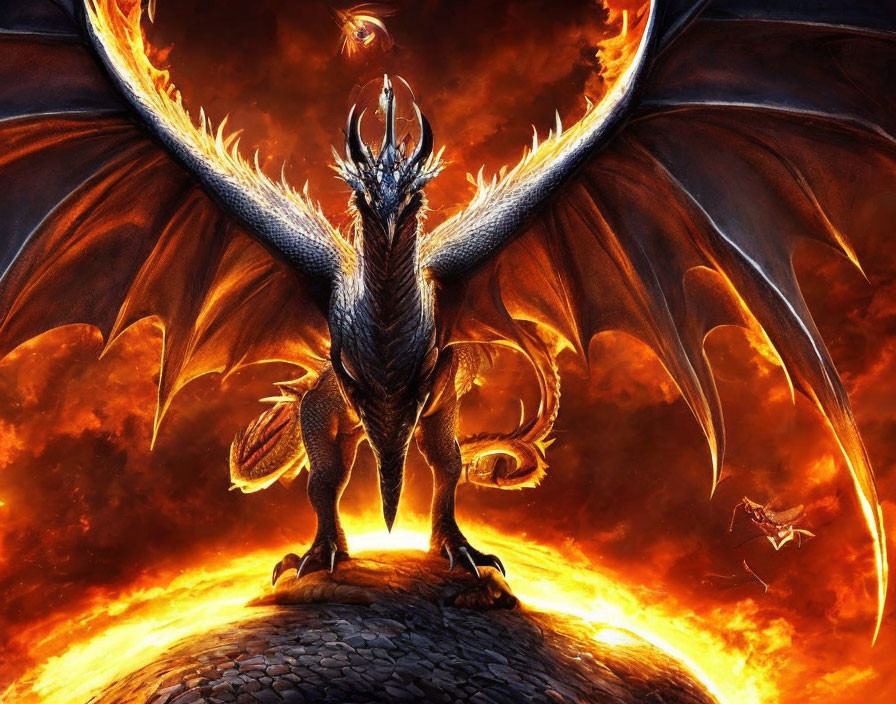 Black dragon perched on rocky peak with unfurled wings, fiery background, tiny figure approaching