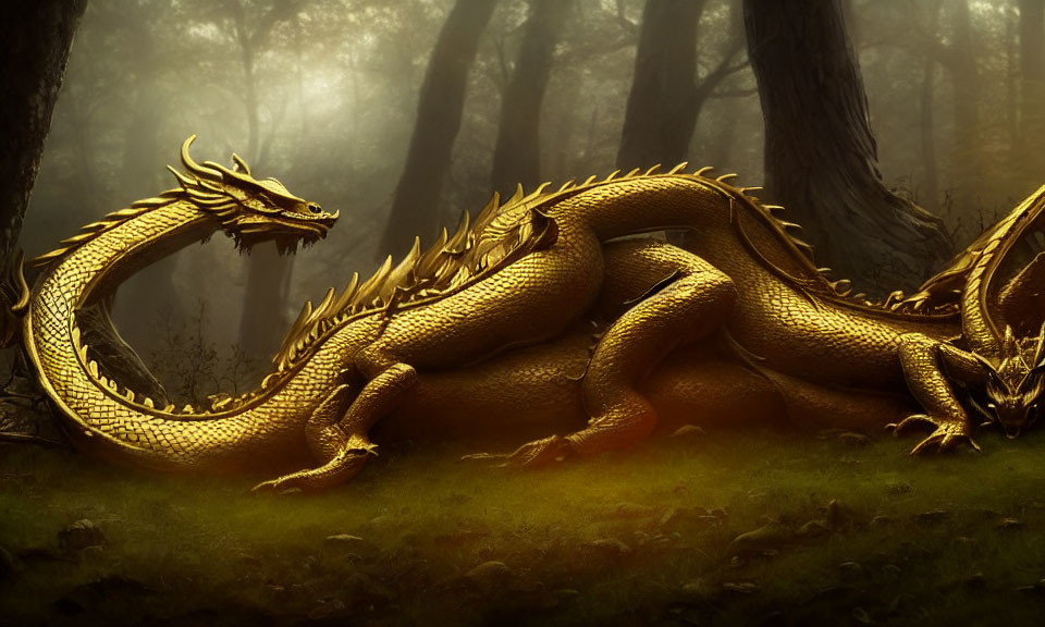 Golden dragon with shimmering scales in misty forest