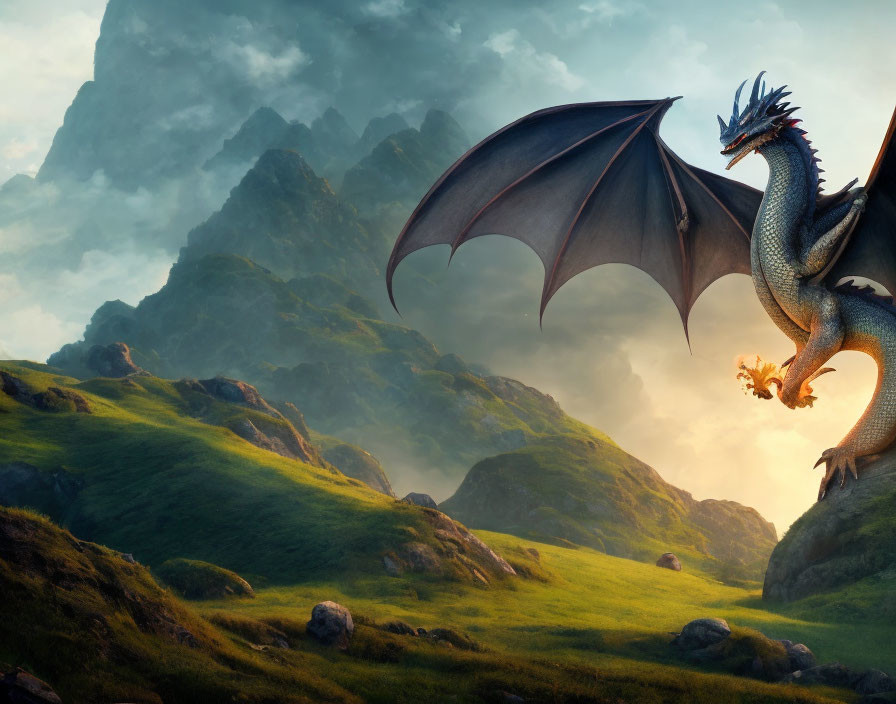 Majestic dragon on grassy hill with mountains and golden sky