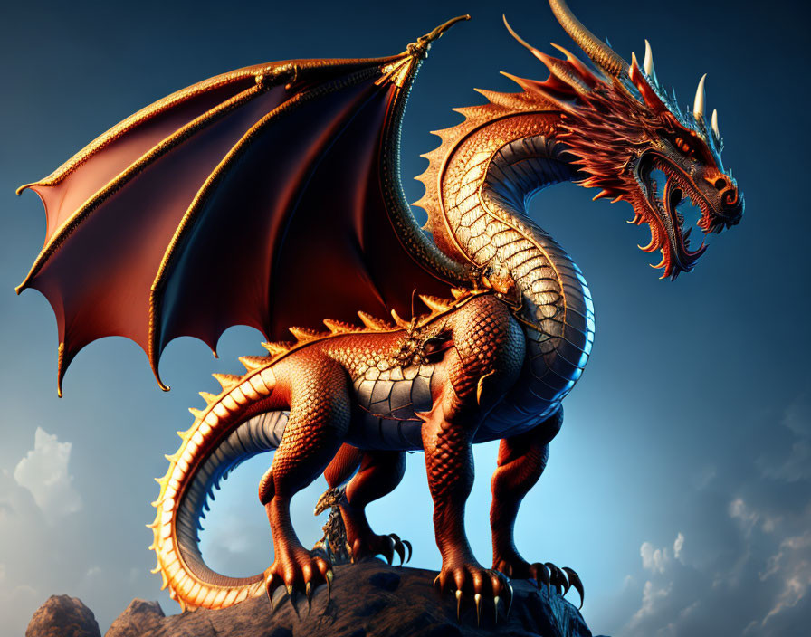 Red and Gold Dragon Perched on Rocky Outcrop with Unfurled Wings