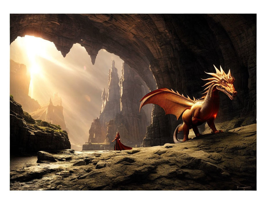 Red dragon and cloaked figure in cavernous landscape with sunbeams