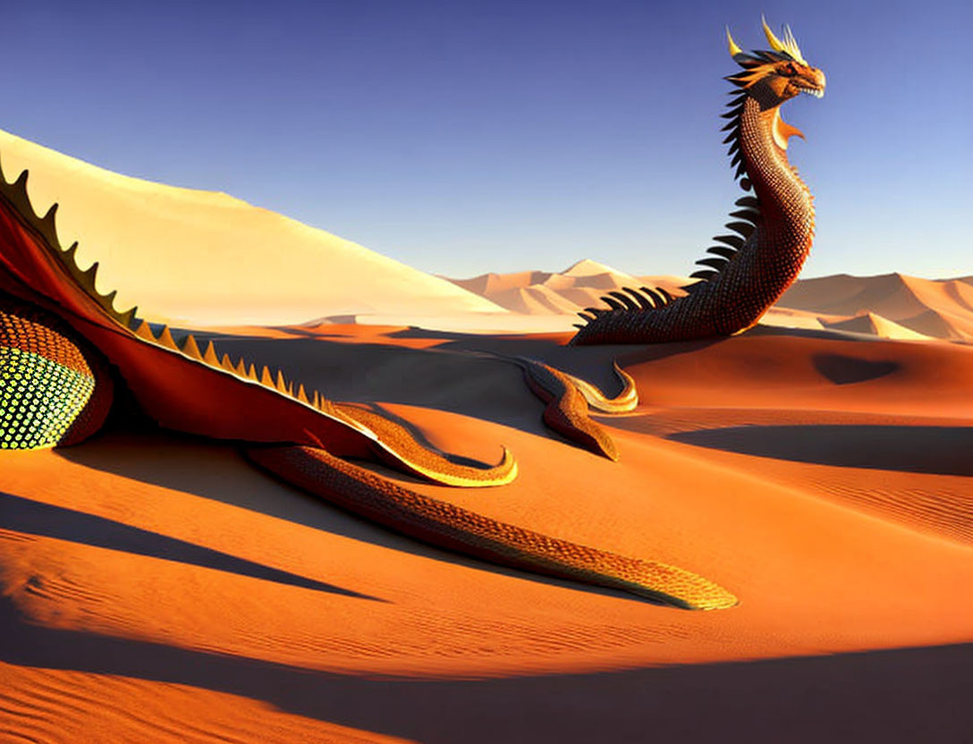 Majestic dragon with orange-yellow scales in desert landscape